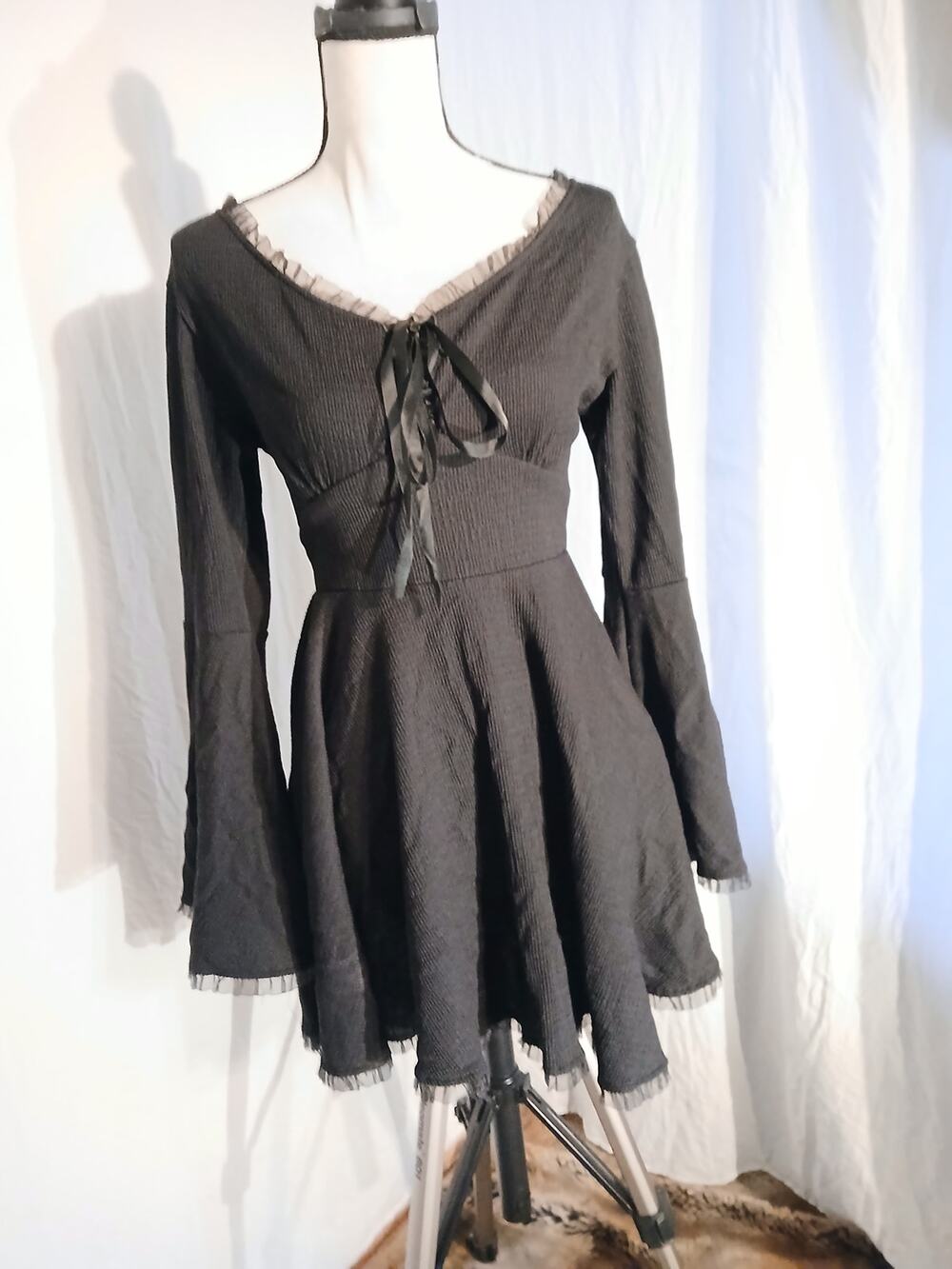 Black Gothic Lace-Up Bell Sleeve Mini Dress M Fairycore